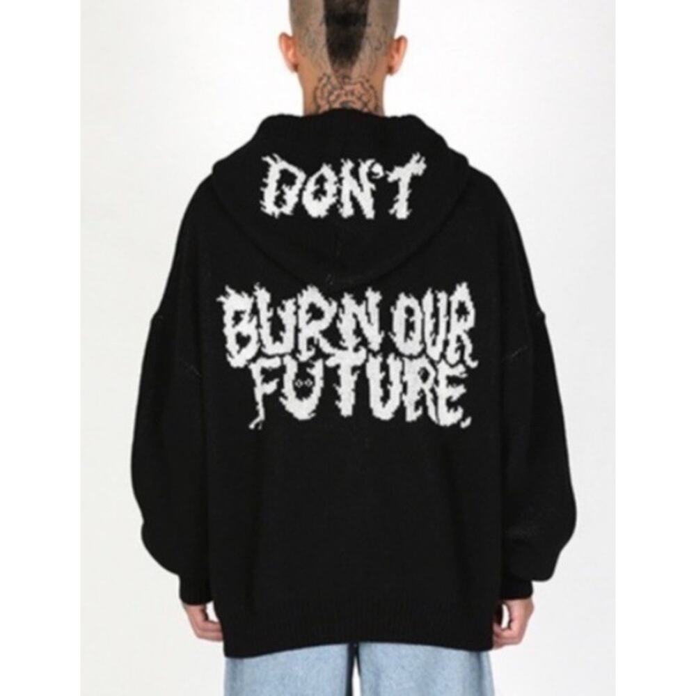 AJOBYAJO Don’t Burn Our Future Zip Wool Sweater Hoodie Korean Streetwear XL
